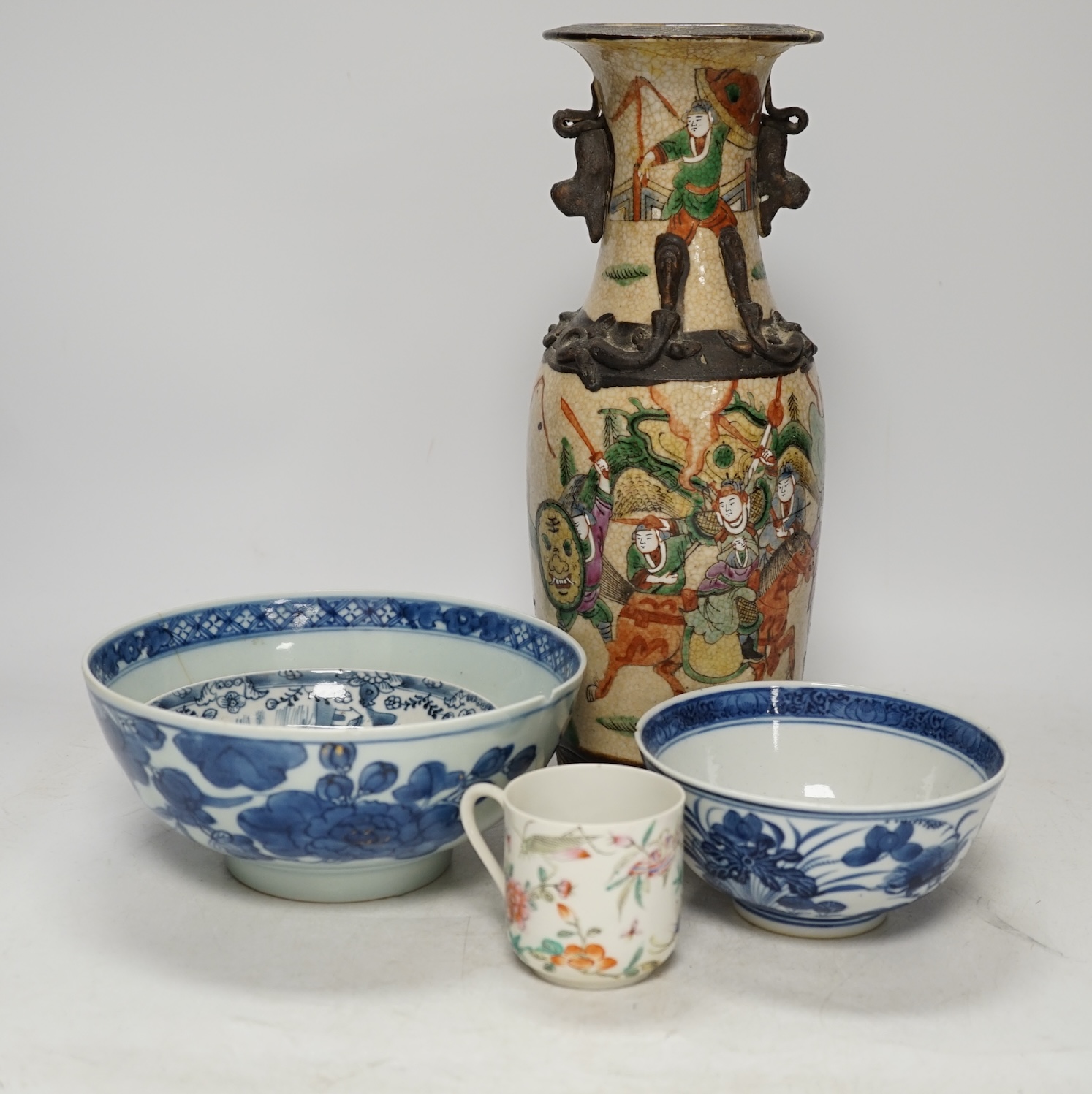 Two boxes of mixed Oriental and European ceramics etc. including two 19th century Chinese blue and white bowls, one decorated with crabs amid lotus. Condition - poor to fair